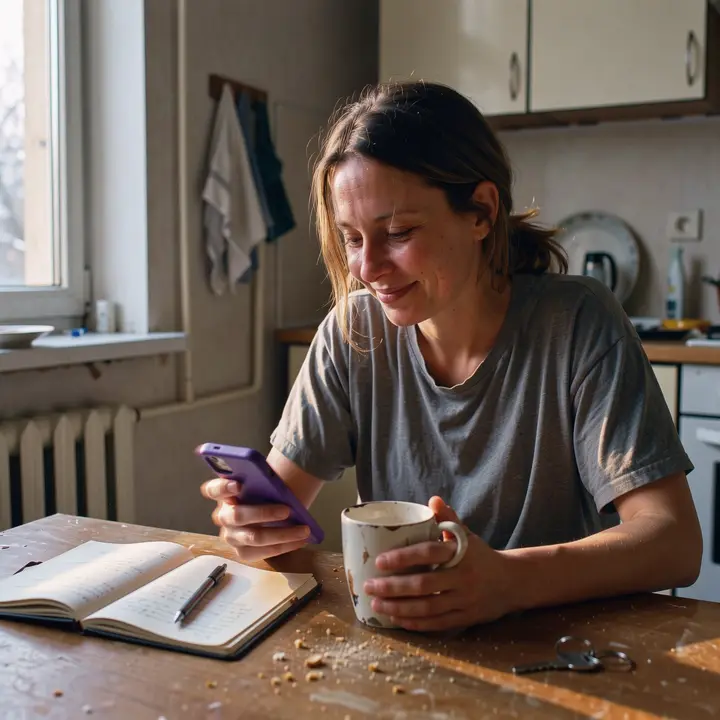 A woman at her kitchen table in the morning sun, coffee in one hand, checking her phone