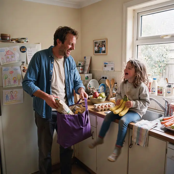 A father unpacking groceries from a violet tote bag while his daughter laughs on the kitchen counter