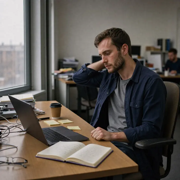 A man at a desk in a grey office afternoon, laptop open, sticky notes and an open notebook